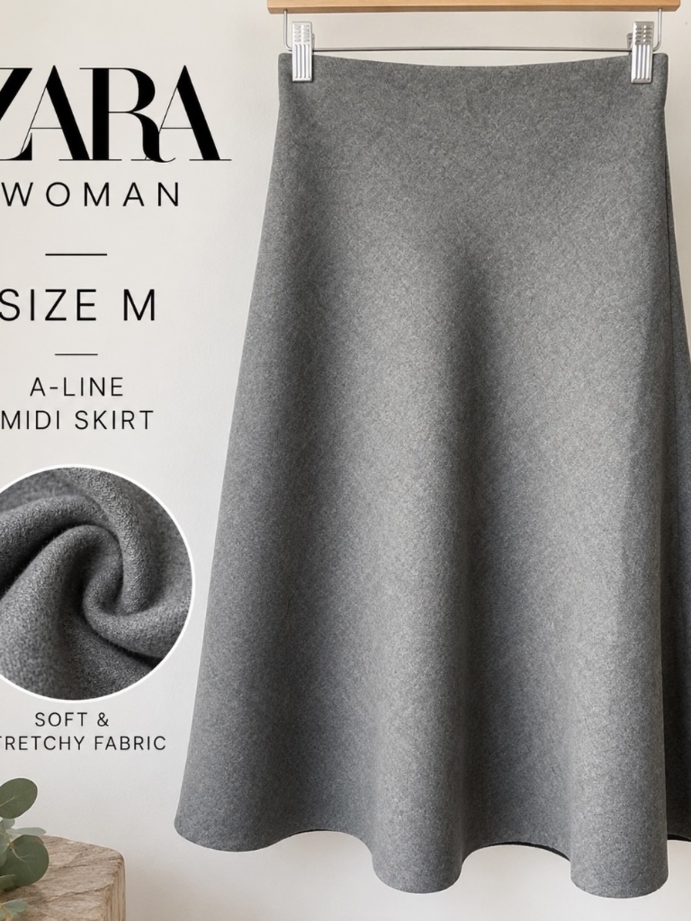 Zara Woman Gray A-Line Midi Skirt Size M
